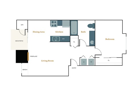 Floor plan for 1 bed, 1 bath, 654 sqft